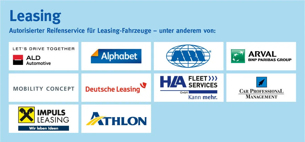 Übersicht der Leasinggesellschaften: ALD Automotive, Alphabet, ALD, Arval, Mobility Concept, Deutsche Leasing, HLA Fleet Services, Car Professional Management, Impuls Leasing und Athlon.