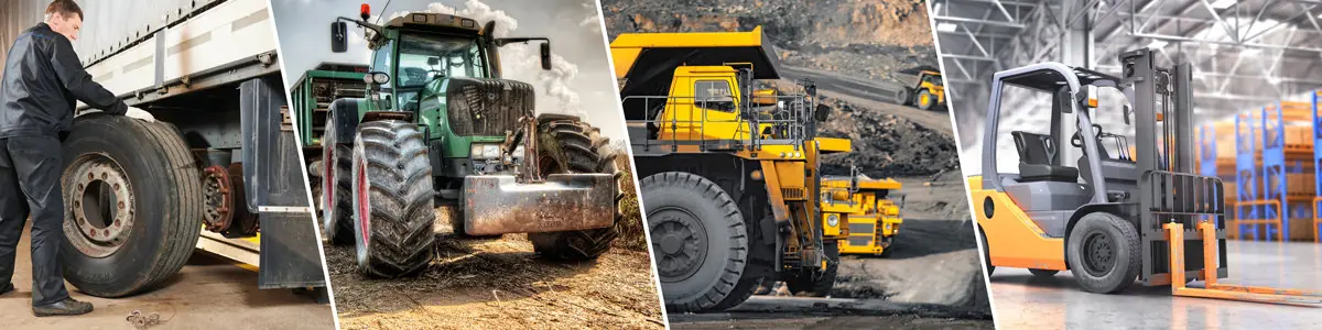 Vier Einsatzbereiche nebeneinander: Lkw-Reifenwechsel, Traktor, Muldenkipper und Gabelstapler.