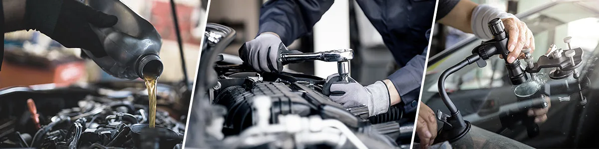 Drei Arbeitsschritte in der Werkstatt: Motoröl wird eingefüllt, Schraubarbeiten im Motorraum, Reparatur einer Windschutzscheibe.